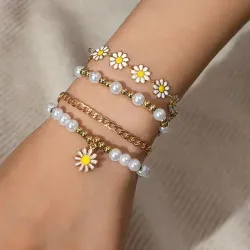 Daisy Flower Pendant Chain Bracelet Set 4 Pcs